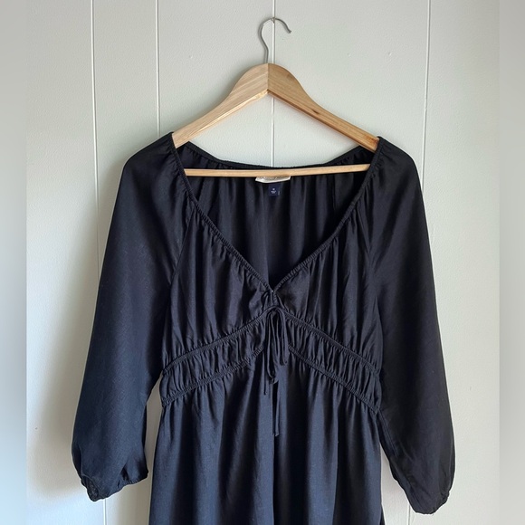 Universal Thread Black Linen Midi 3/4 Puff Sleeve Ruched Peasant Dress‎ … - Picture 4 of 10